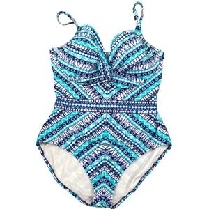 Lands End Womens Swimsuit 16L Blue White Ikat Geometric Twist Tribal Boho